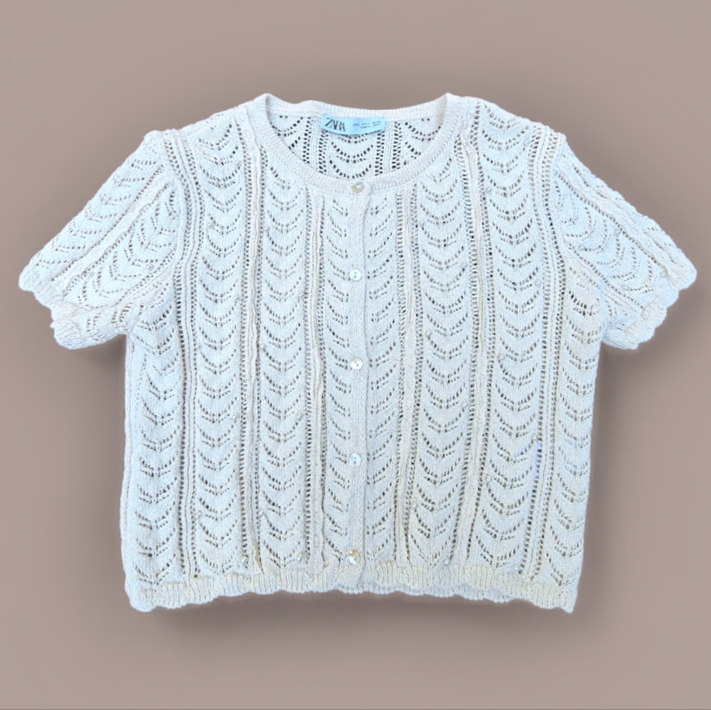 Zara Cream Open-Knit Short-Sleeve Cardigan